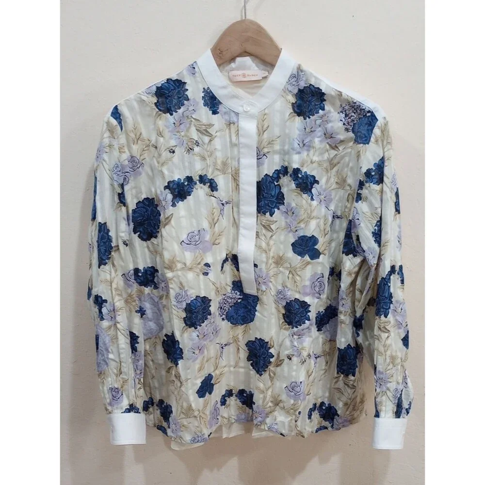 Tory Burch Watercolor Floral Print Pullover Long Sleeve Cotton Tunic Blouse - S